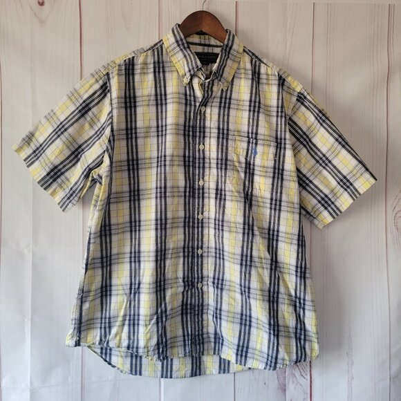 US Polo Assn. Men’s XL Plaid Short-Sleeve Shirt, 100% Cotton, Blue/White/Yellow - Picture 1 of 8